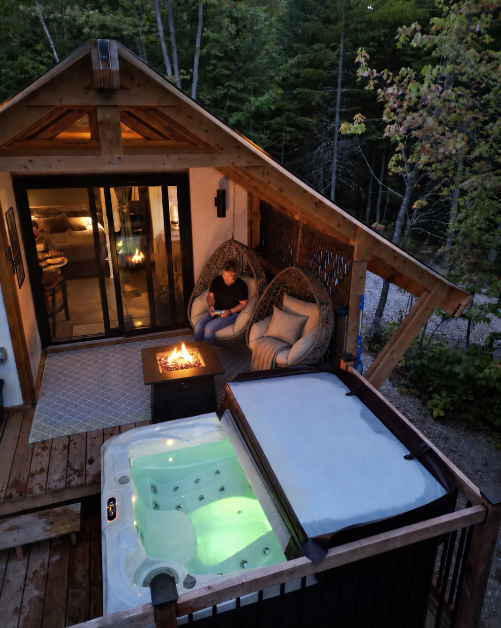 Unité tempo drone spa privé chaises suspendues unité tempo glamping mini-chalet pour deux Momentôm refuges nature spa privé en forêt